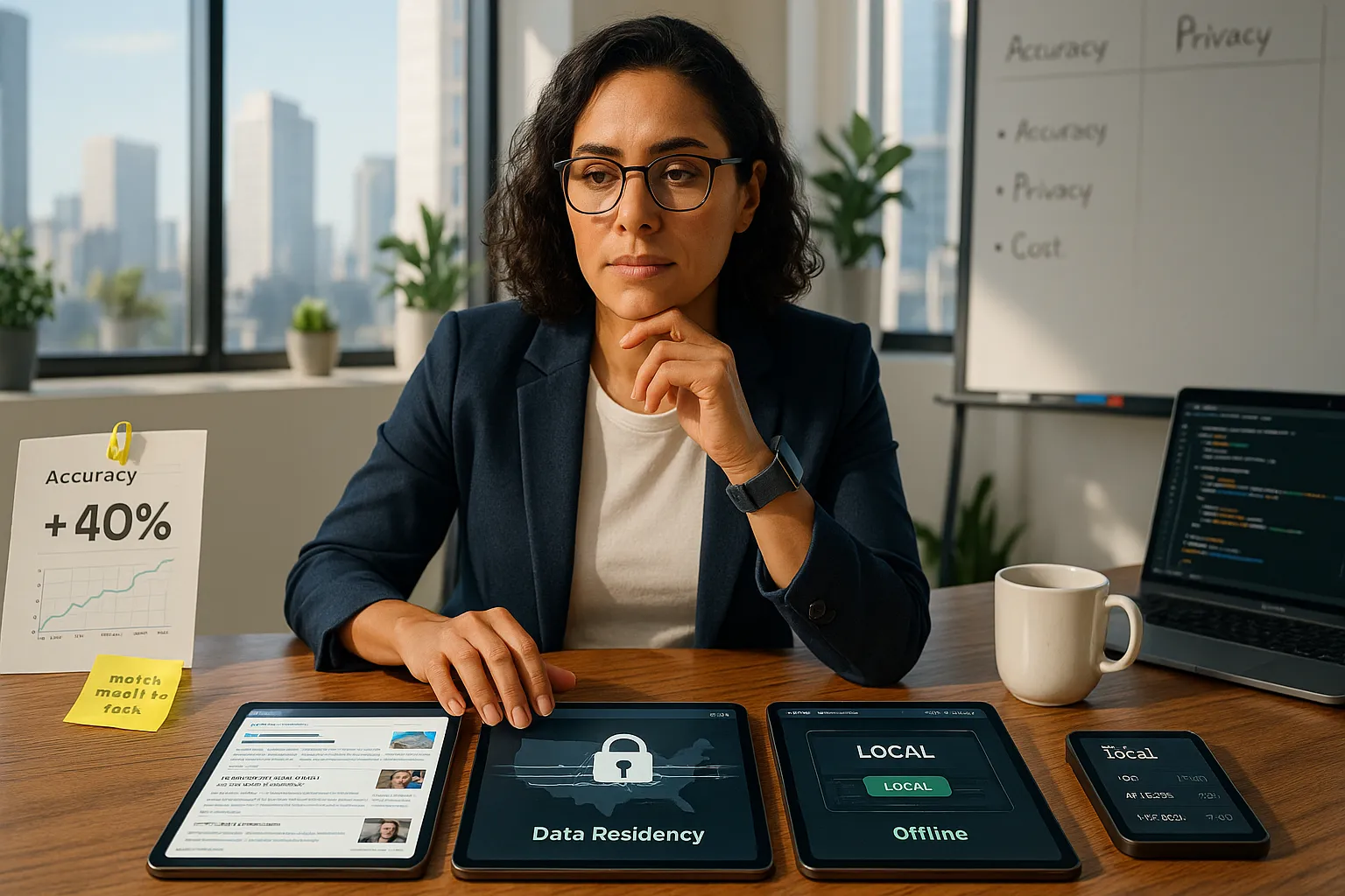 Product manager comparing three AI model options on tablets at a sunlit office table.