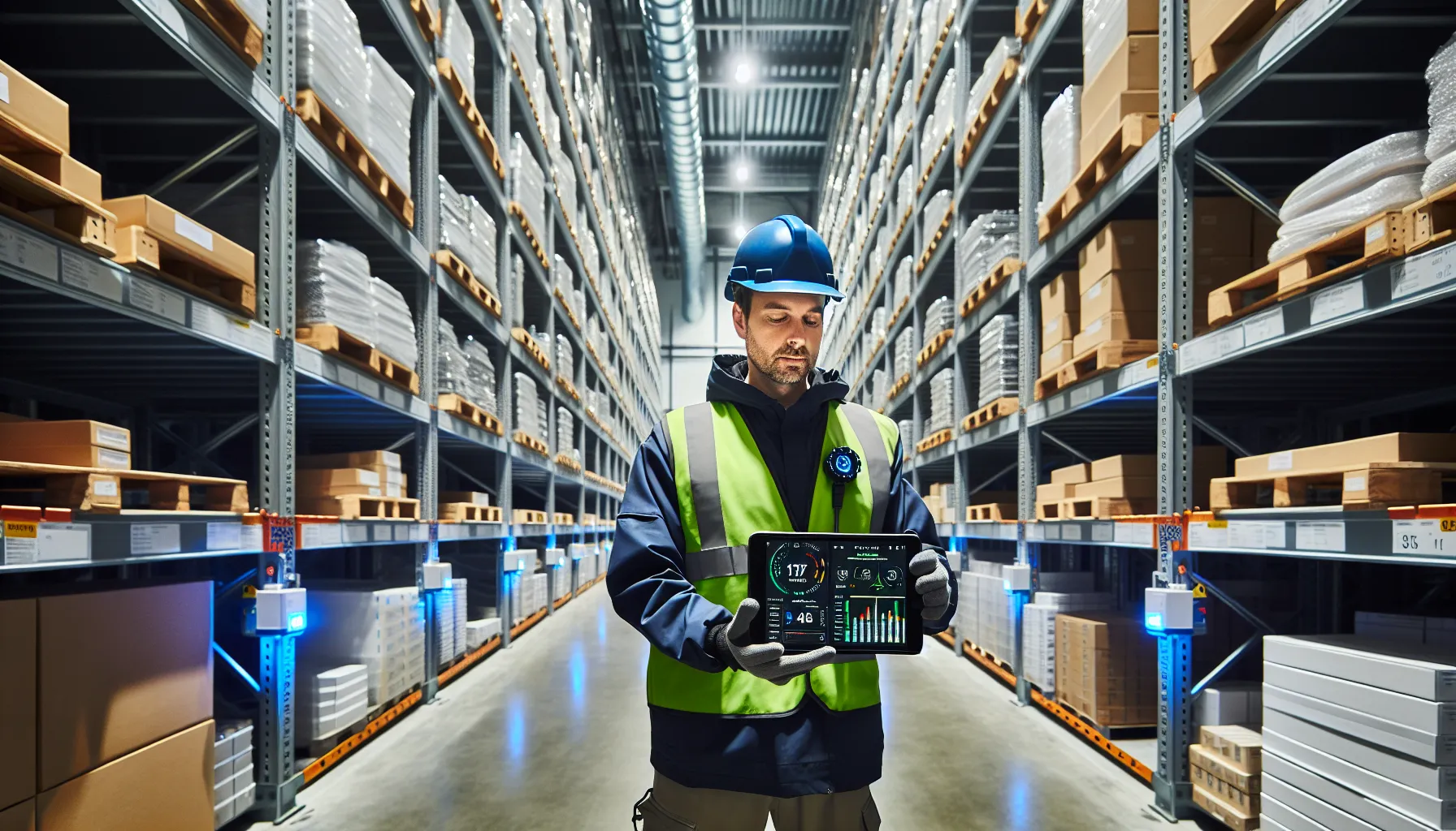 Fordelene med å bruke klimakontrollert lagerplass for bedrifter 1 Technician checks tablet showing stable temperature and humidity in a sealed warehouse.
