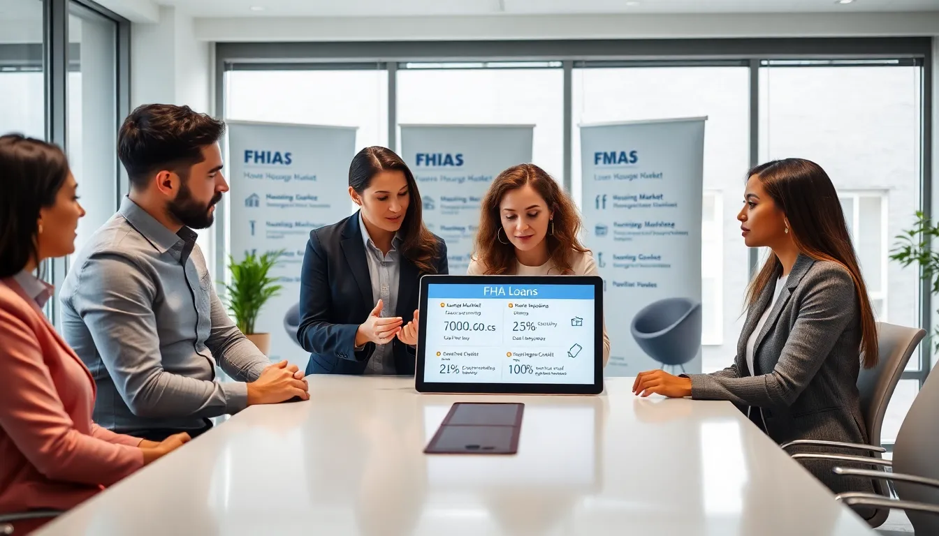 diverse professionals discussing FHA loans in a modern office.