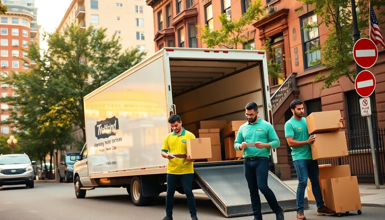 Moving crew loading truck in a busy Boston street.