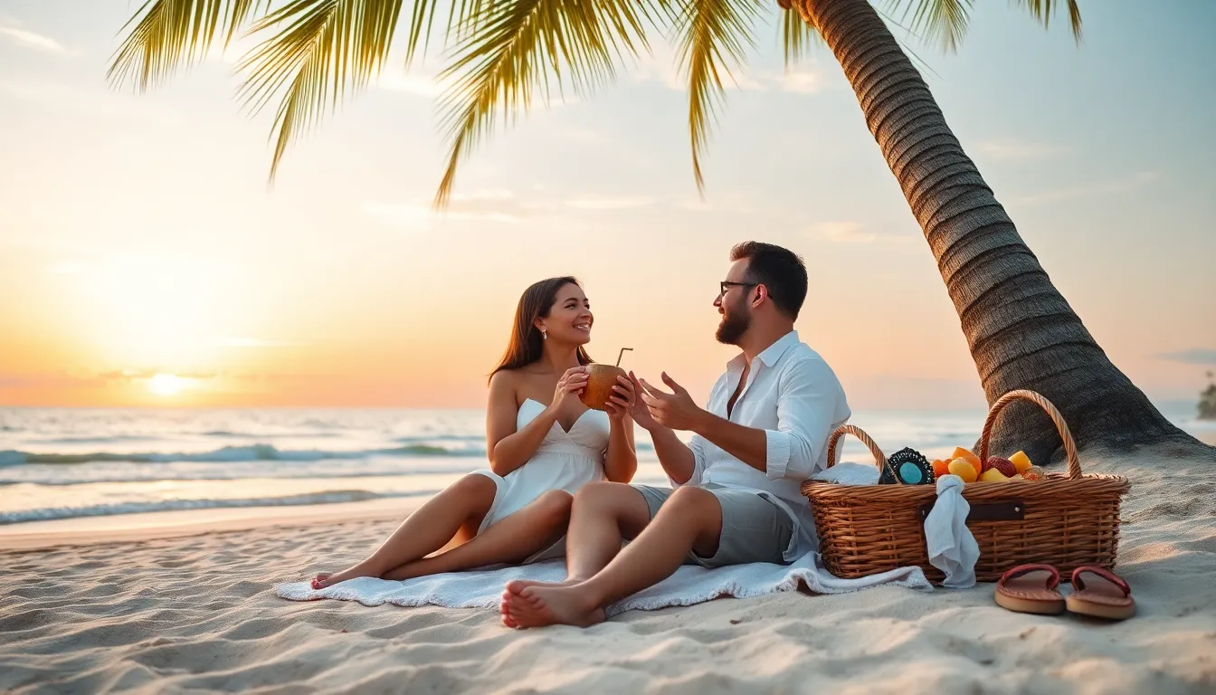 couple enjoying a sunset picnic on a tropical beach.