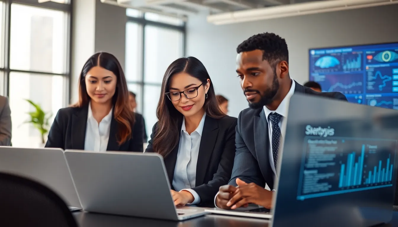 professionals discussing artificial intelligence in a modern office setting.