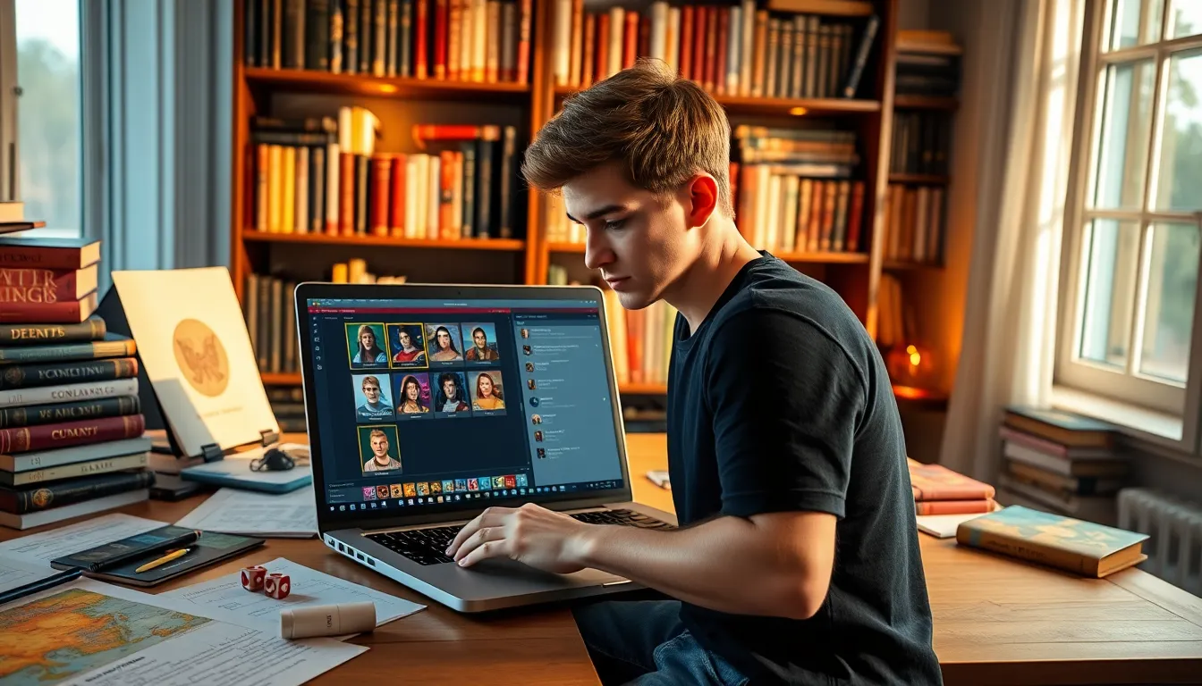a young man creating characters for Crusader Kings II on a laptop.
