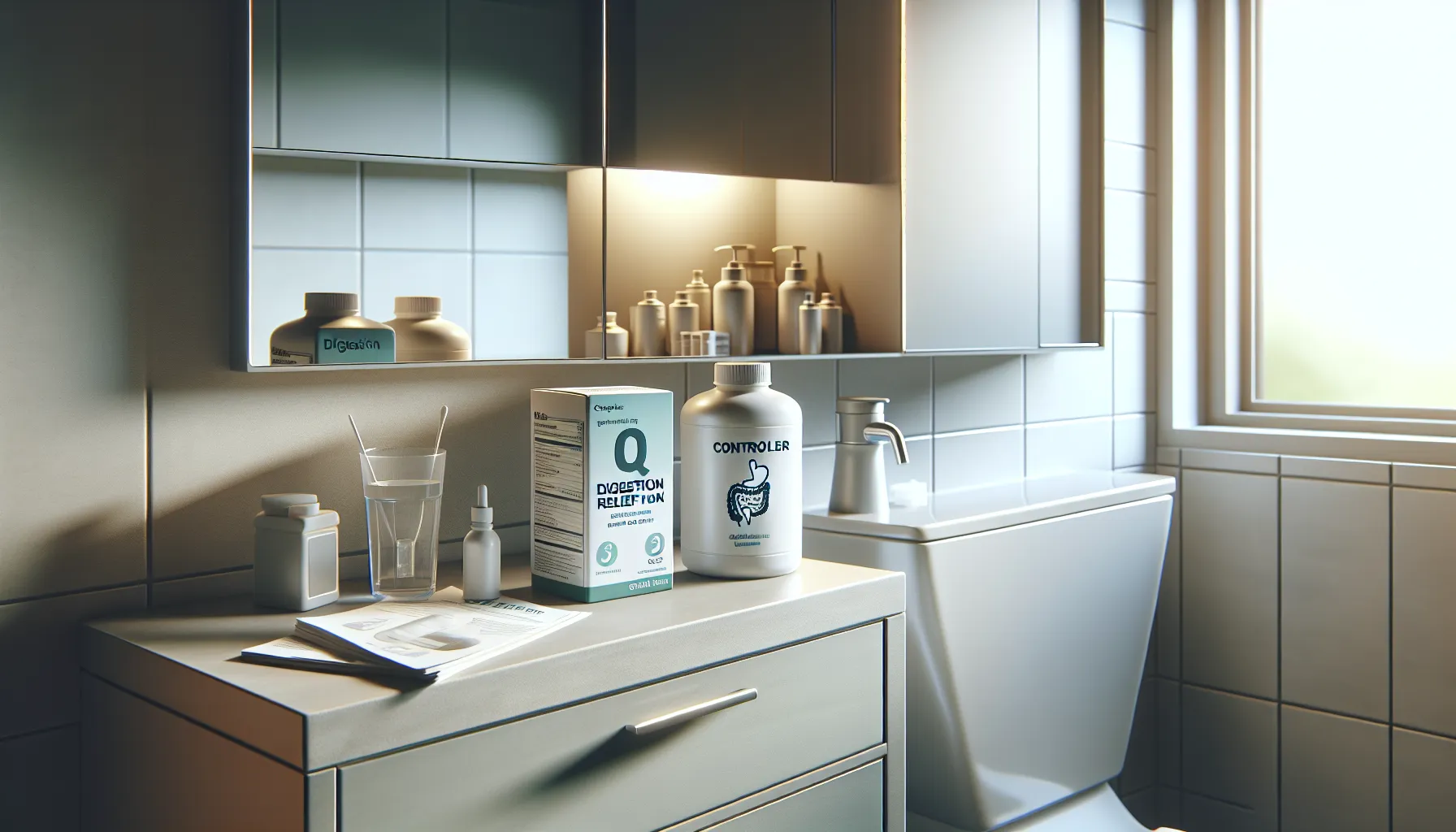 medications for digestive relief on a modern bathroom counter.