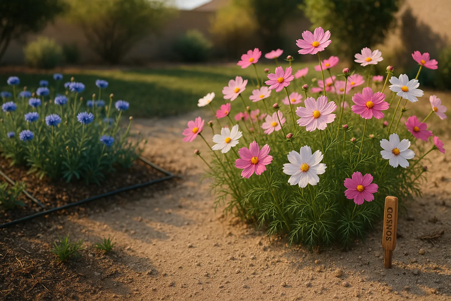 Sunlit cosmos in sandy soil beside shaded, moist cornflower bed.