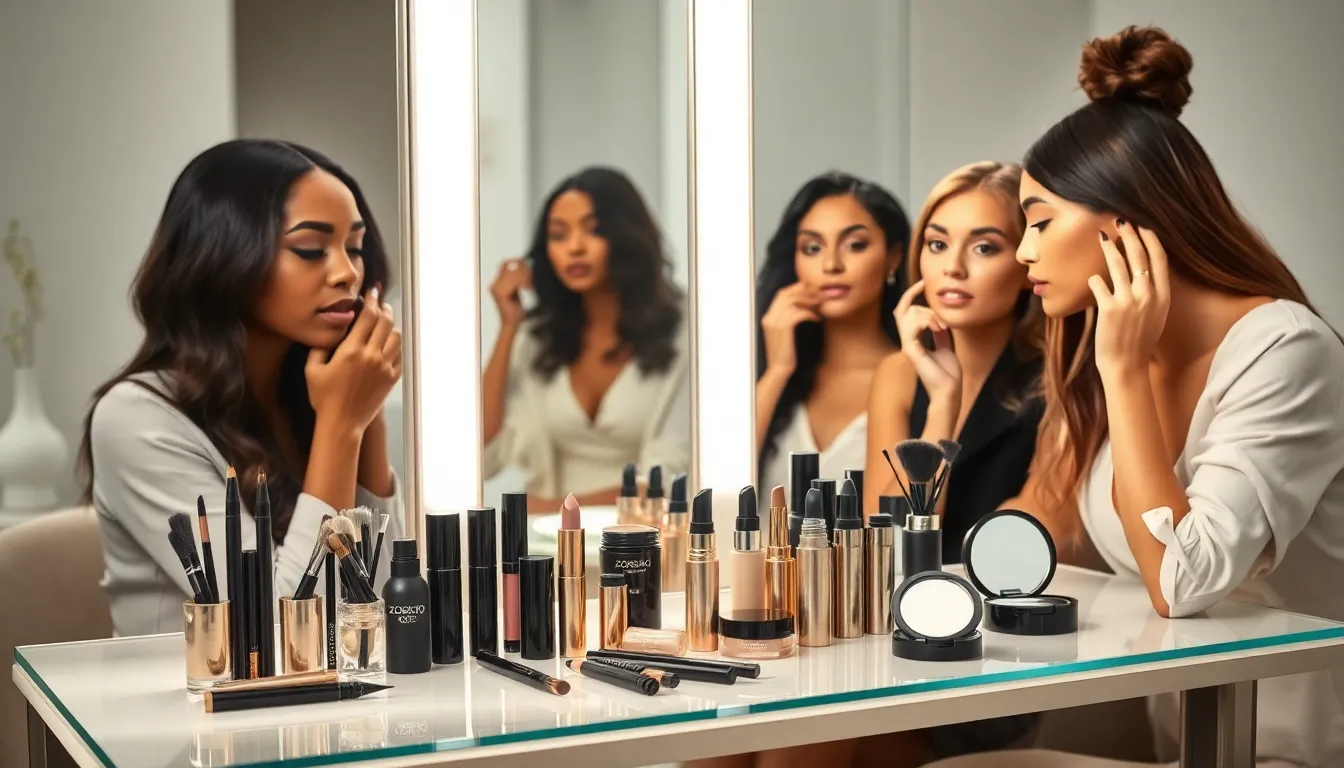 beauty workstation with Zosisfod eyebrow products and diverse women applying them.