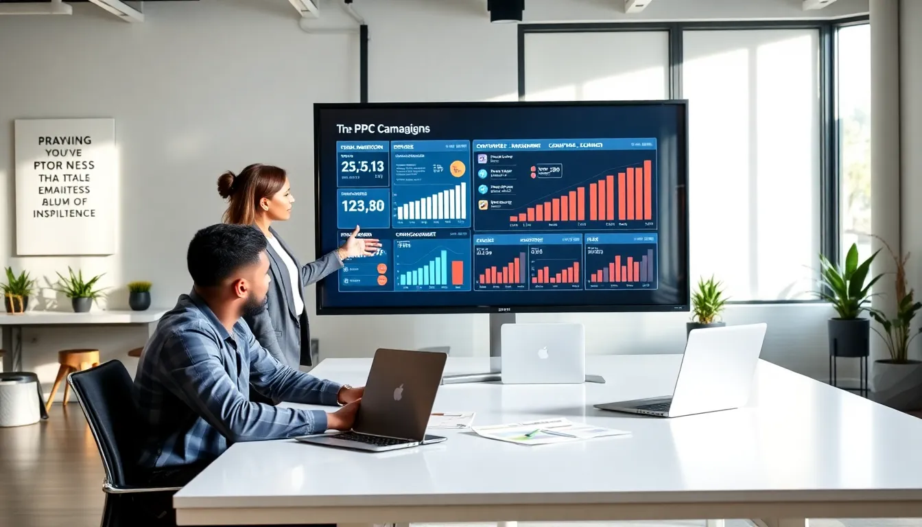 diverse team analyzing PPC campaign data in a modern office.