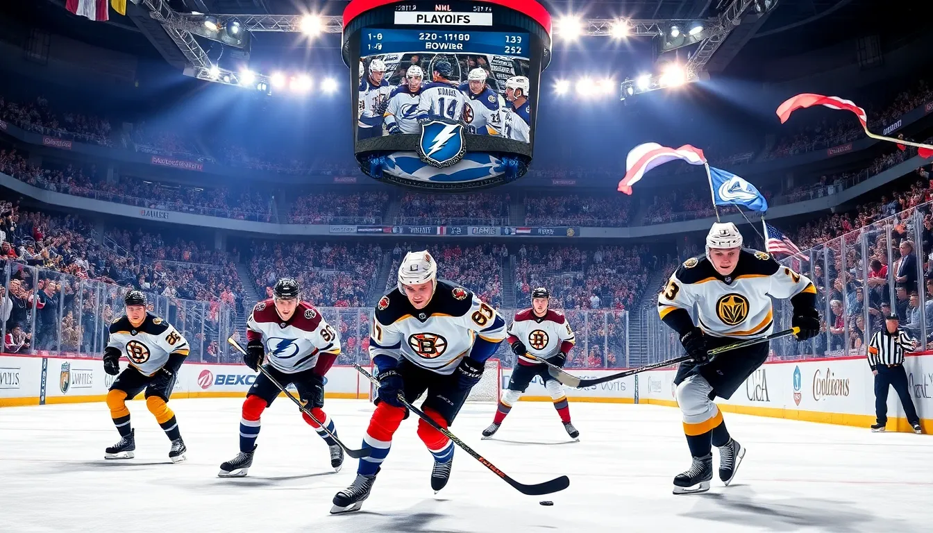 hockey players competing on the ice during an exciting NHL playoff game.