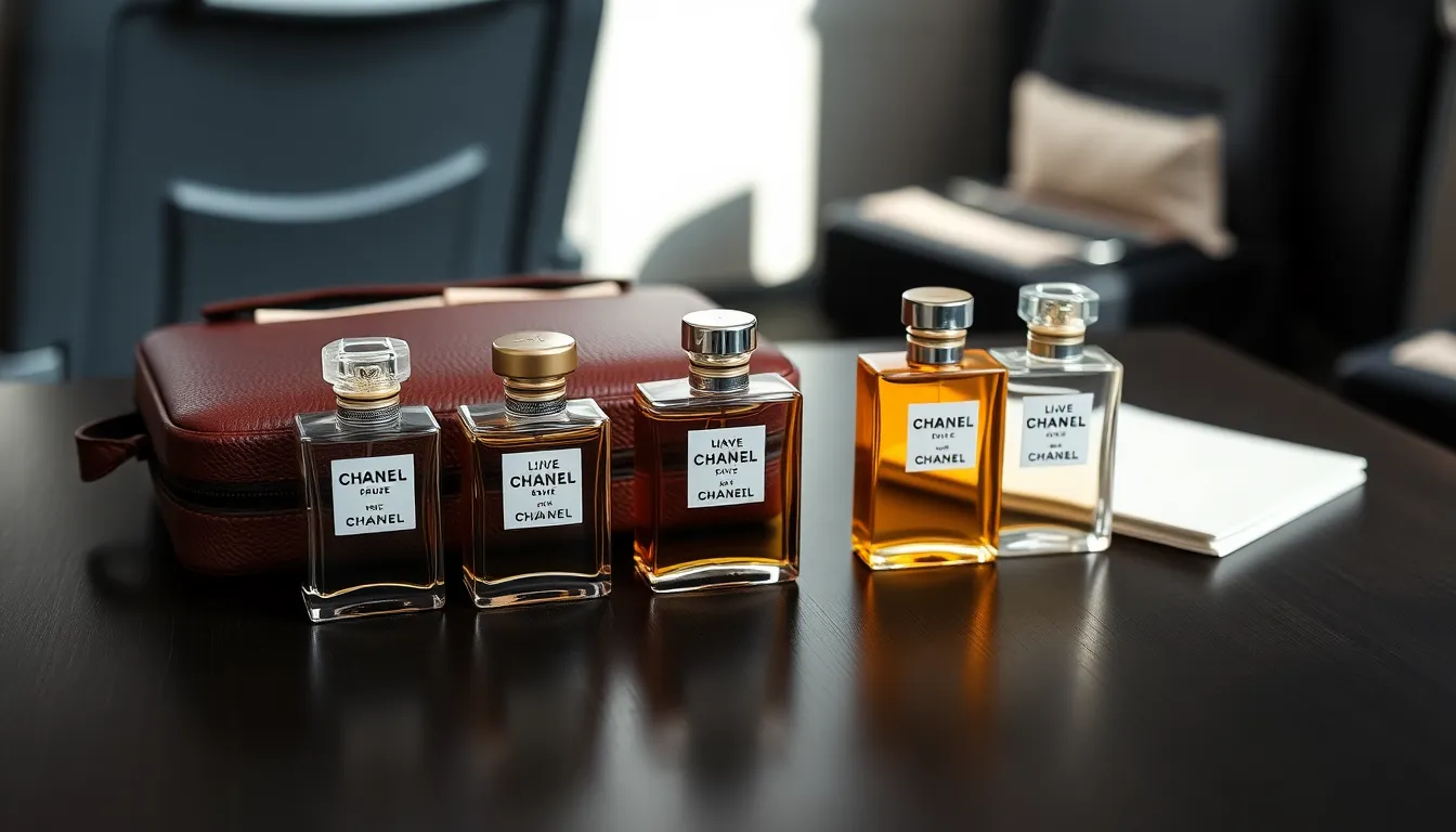 Chanel travel perfumes elegantly arranged on a wooden surface with travel accessories.