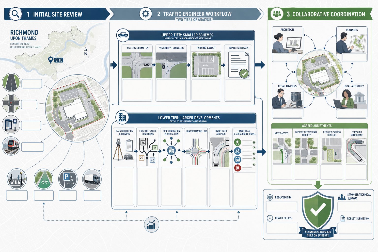Infographic of traffic engineering steps for planning and development in Richmond.
