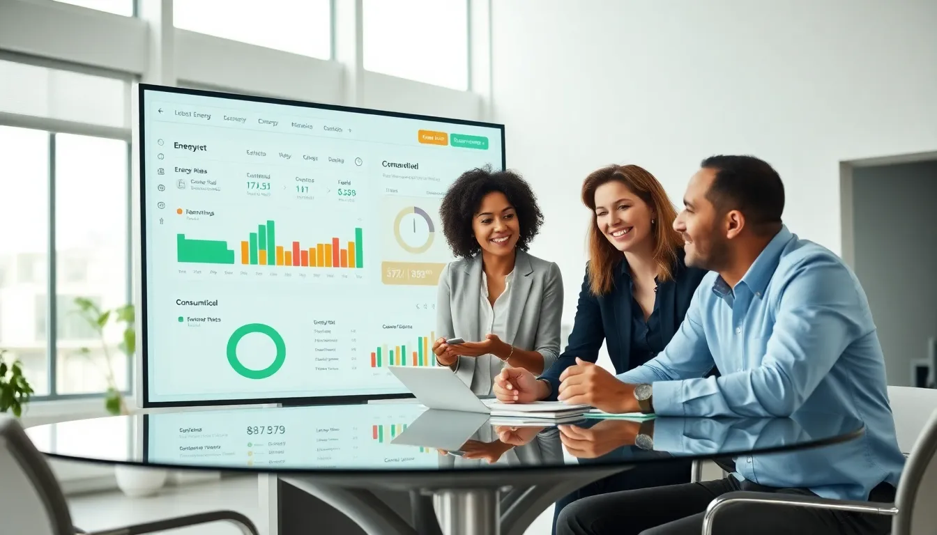 diverse professionals engaging with a digital energy management dashboard.