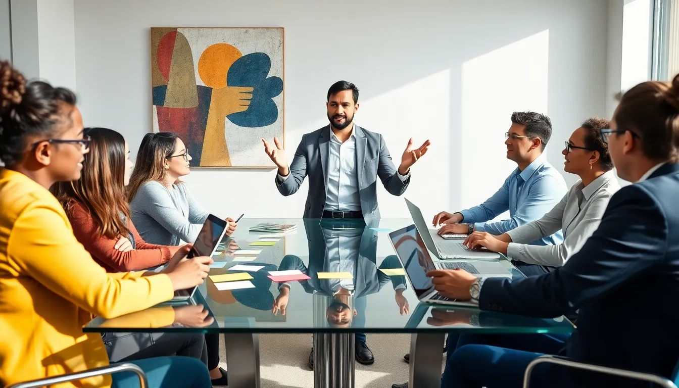 diverse team brainstorming ideas in a modern office.