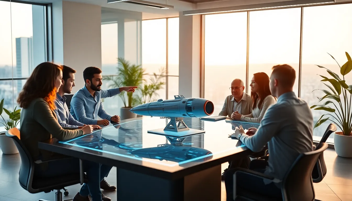 diverse professionals collaborating in a modern office on space technology.