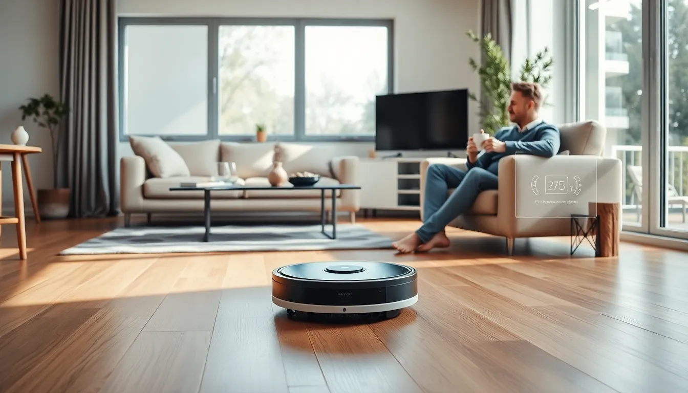 robotic vacuum cleaning in a modern living room while a person relaxes.