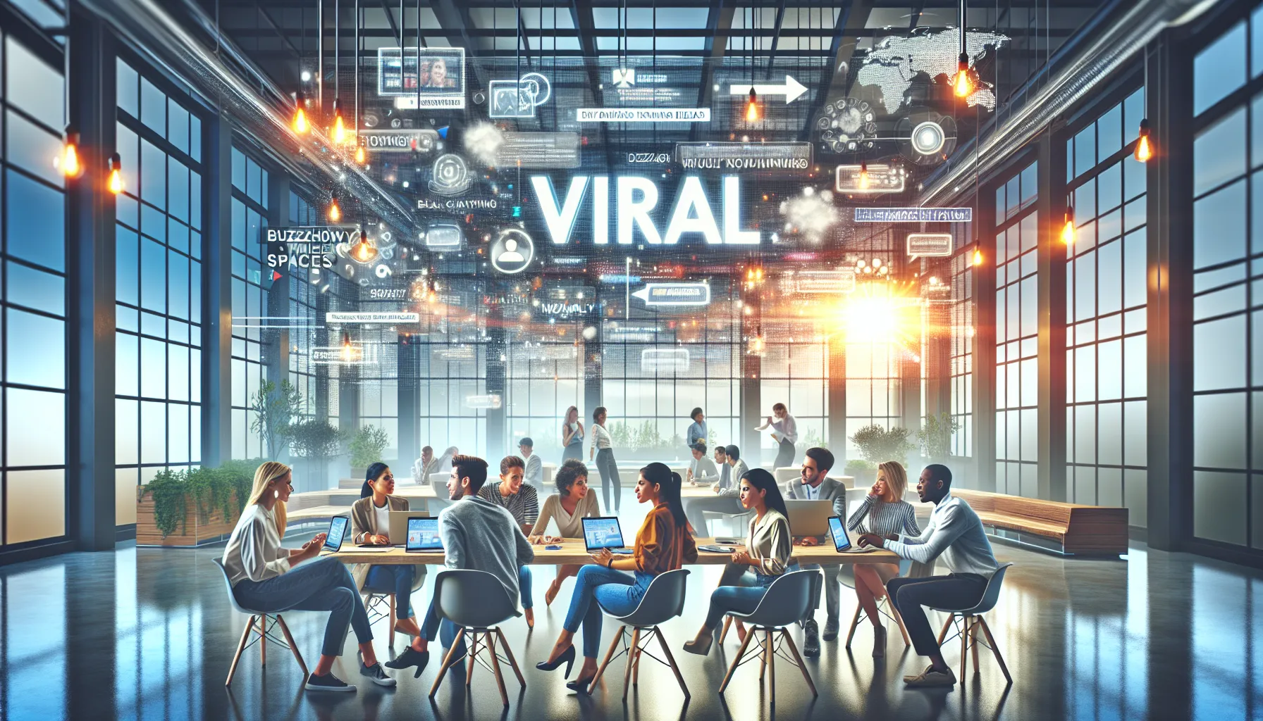 diverse professionals engaging with digital content in a modern office.