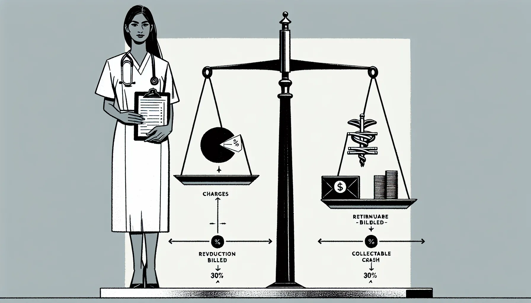 Vet with labeled ledgers, scale showing percent split and draw/recoupment icons of Veterinary Production Pay Explained.