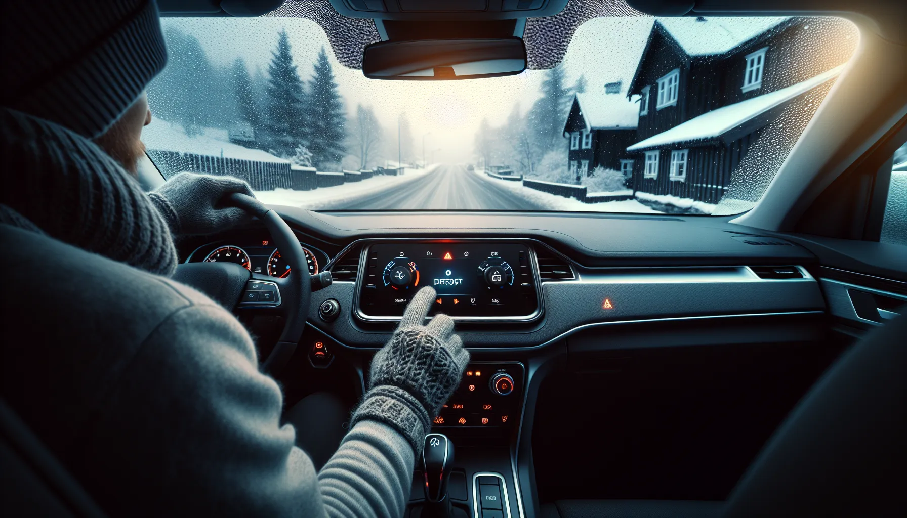 Driver activates defrost and a/c to clear a foggy winter windshield.