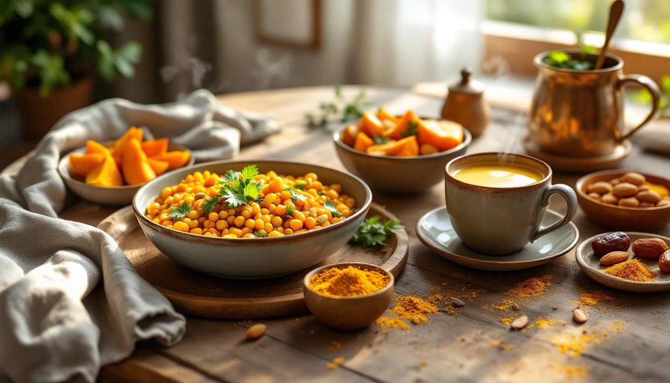 A warm Ayurvedic beauty plate with kichari, sweet potatoes, almonds, and turmeric milk.