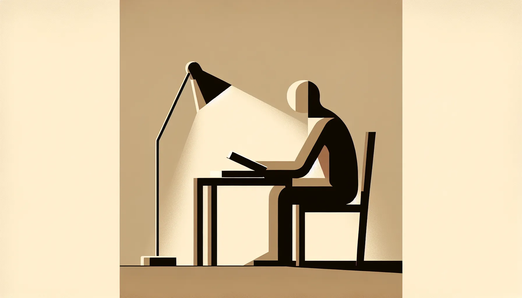 A minimalist figure reading at a desk with warm lighting