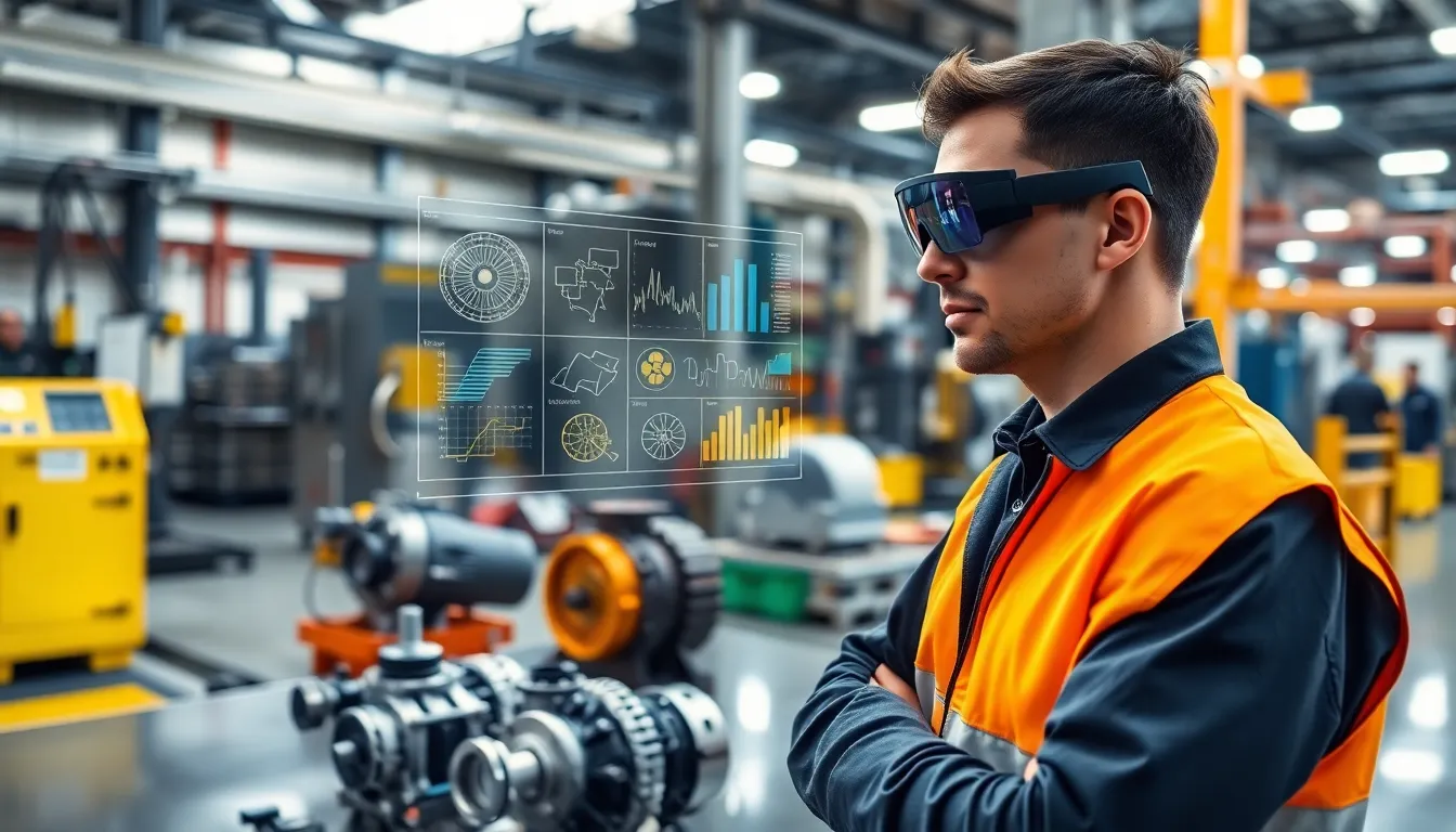 Technician using AR glasses in a modern industrial environment.