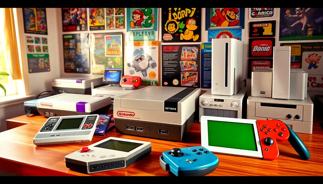 a collection of iconic Nintendo consoles and handheld devices in a retro gaming room.