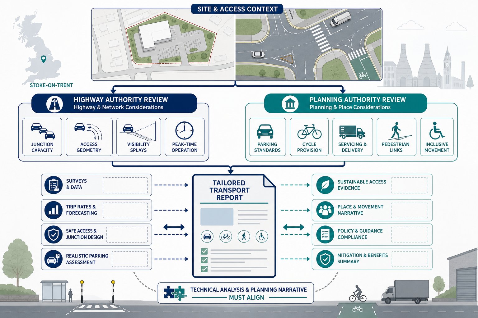 Infographic of local planning and highway factors shaping a Stoke-on-Trent transport report.