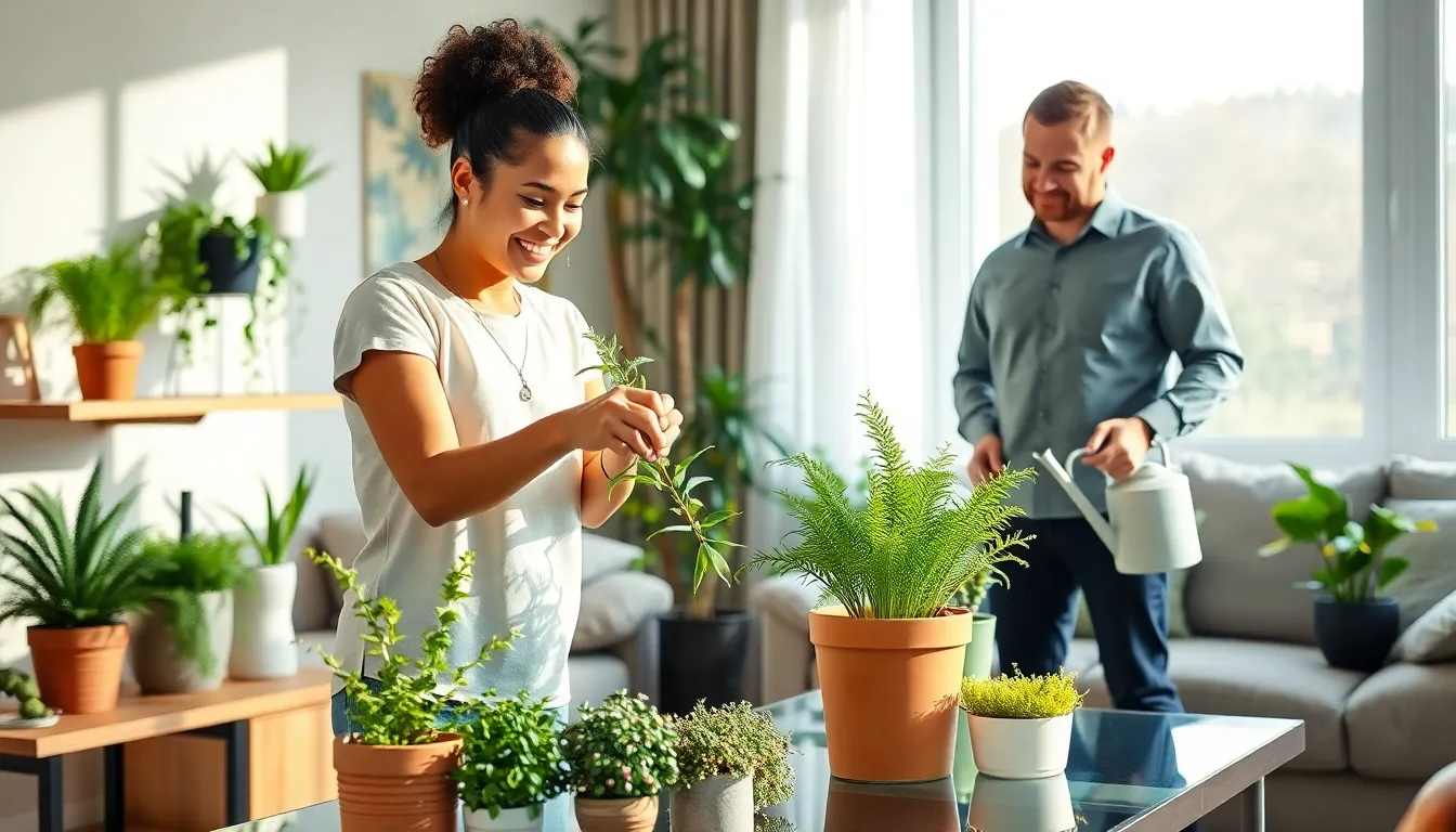 diverse individuals gardening indoors in a cozy living room.