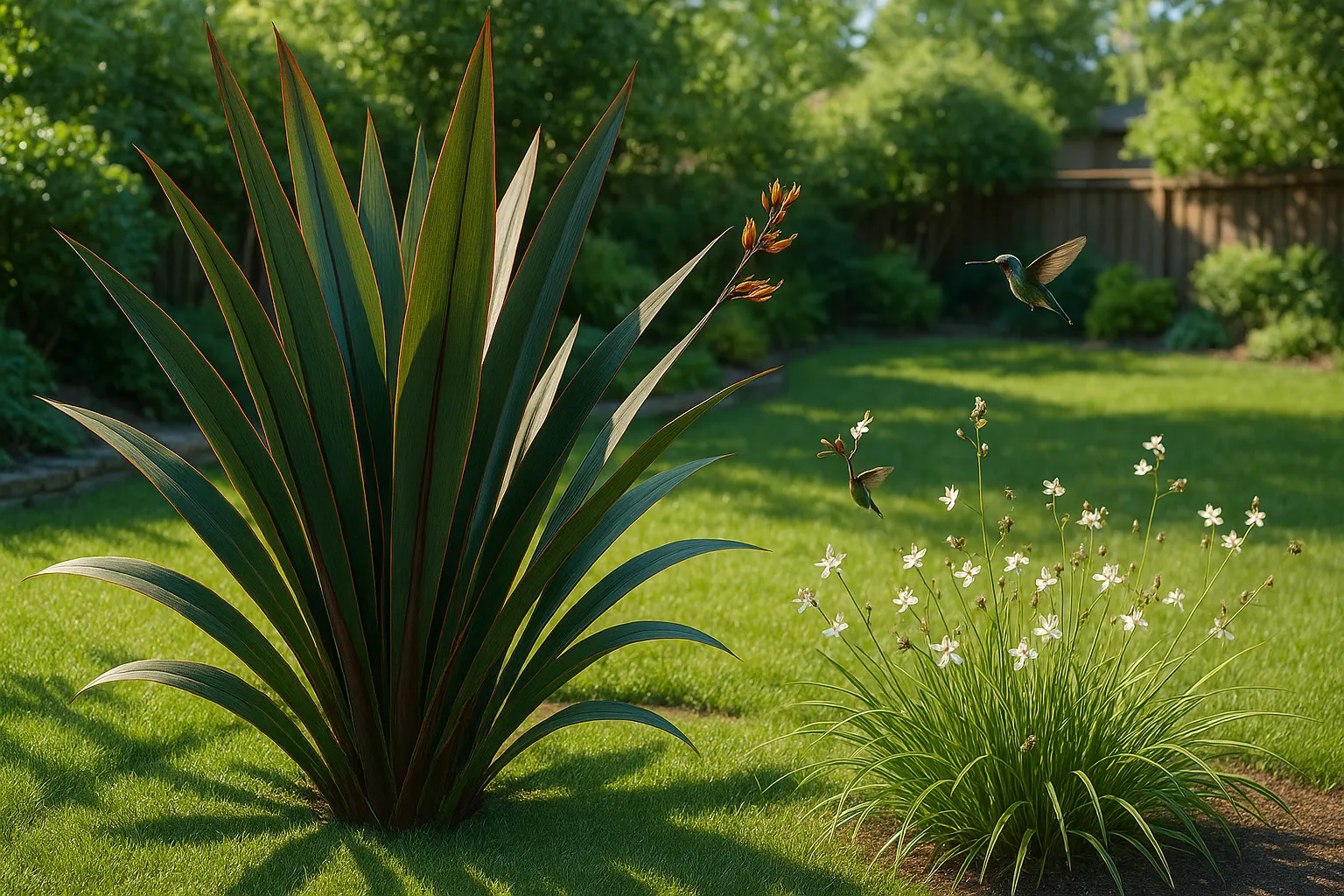 Phormium clump beside low Libertia with white star-shaped flowers