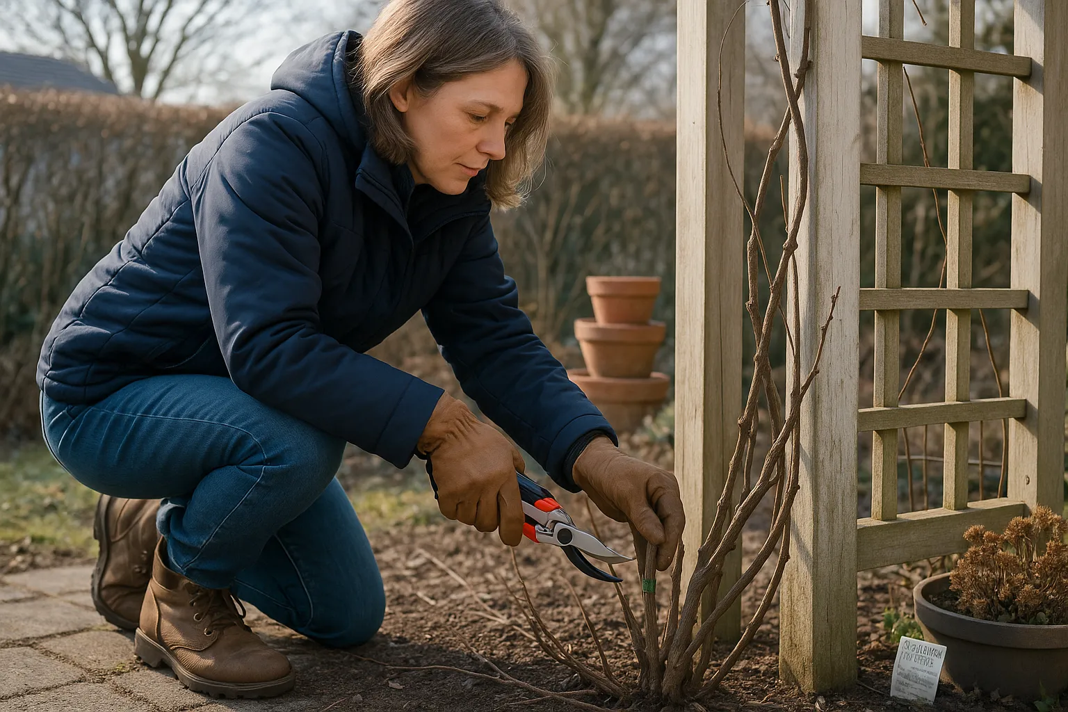 Gardener hard-pruning a dormant clematis to 12–18 inches on a backyard arbor.