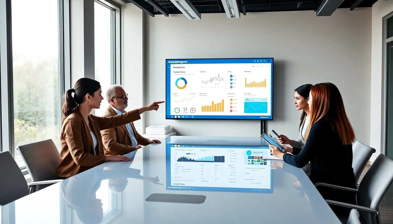 diverse professionals collaborating around a digital marketing tool in a modern office.