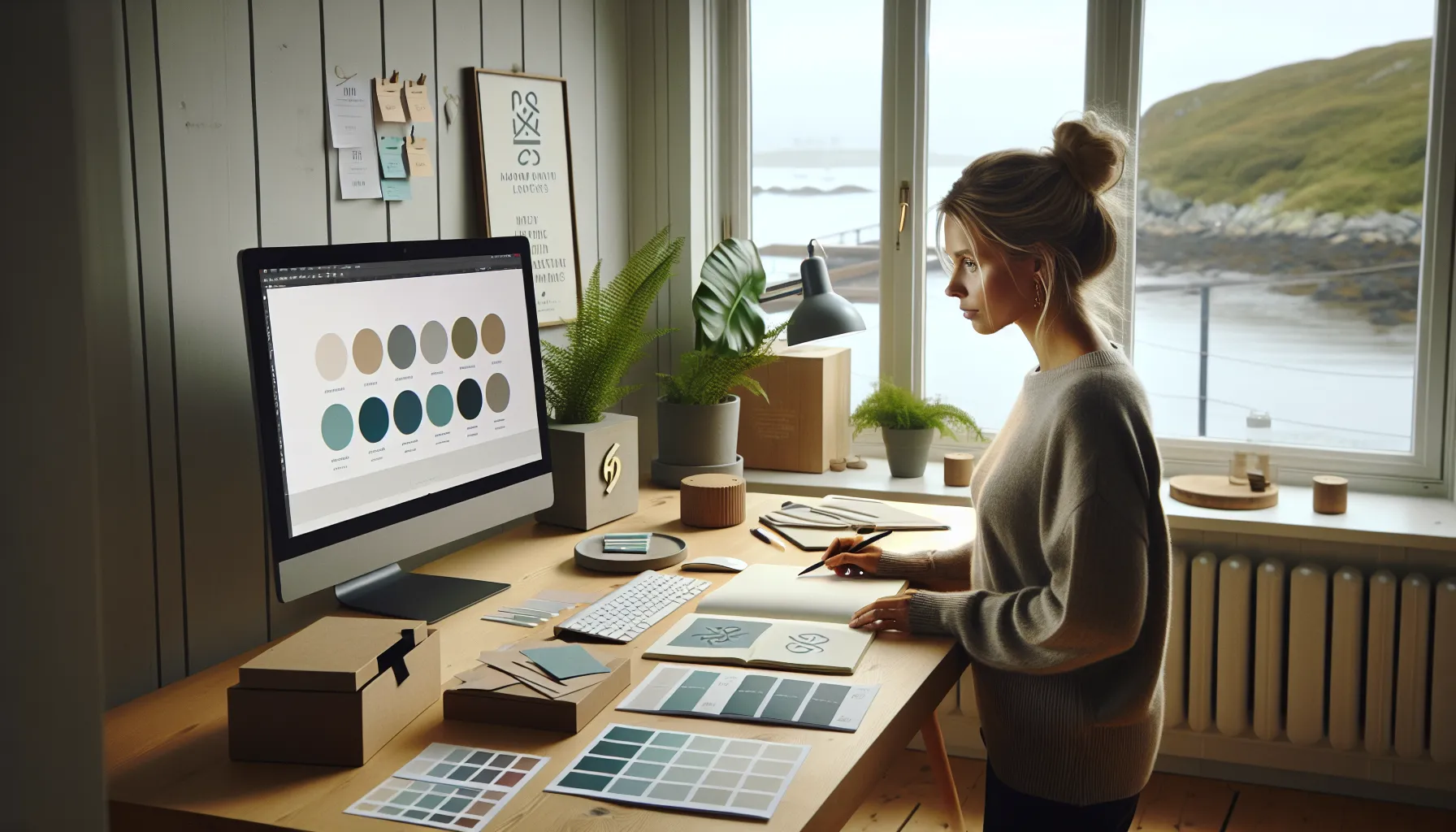 Norwegian small-business owner refining logo, colors, and typography in a bright studio.