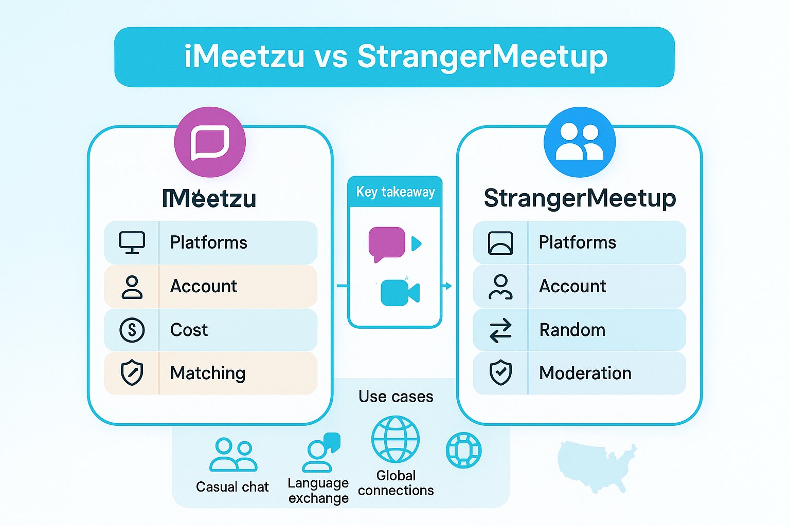 Two-column comparison infographic of iMeetzu and StrangerMeetup features.