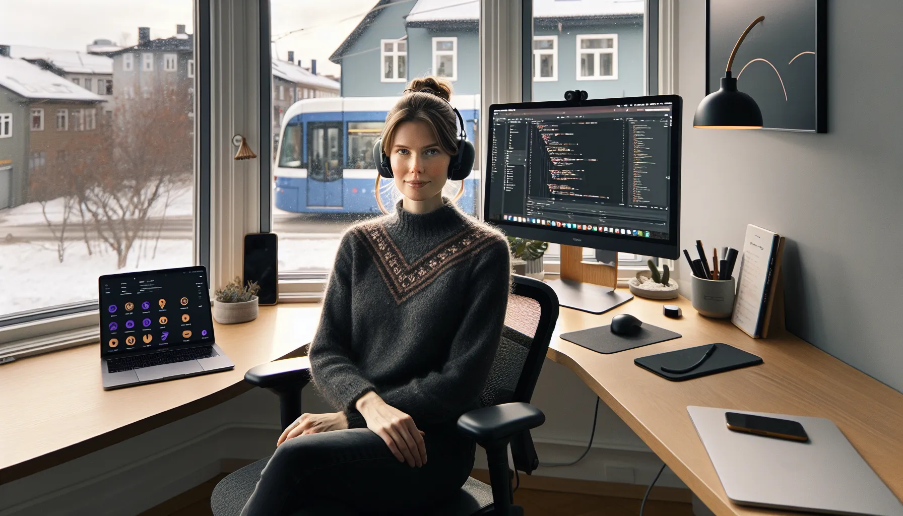 Norwegian woman working from home with multiscreens for design, code, analytics, and calls.