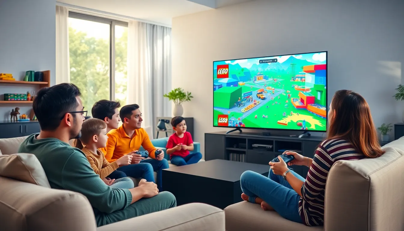 family and friends playing Xbox Lego games together in a bright room.
