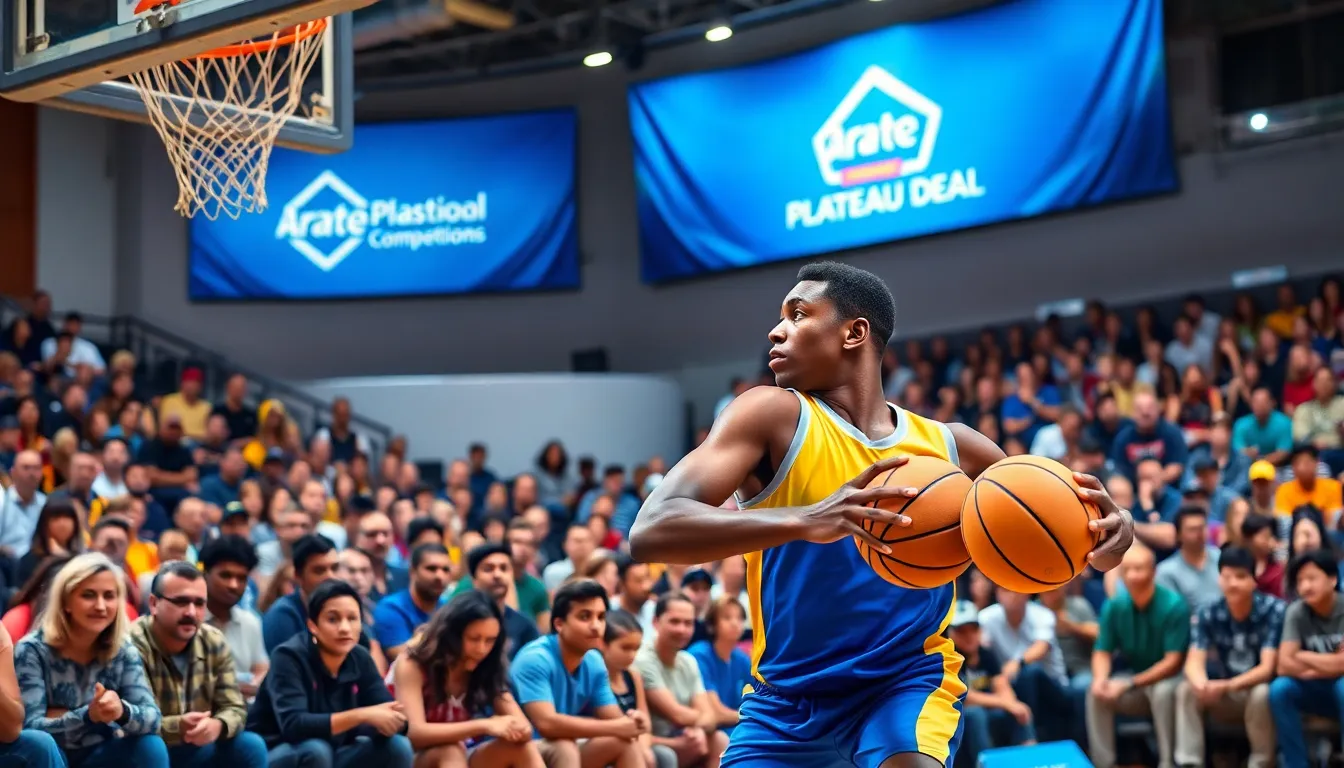 an athlete competing in a vibrant basketball arena during Arate Competitions.