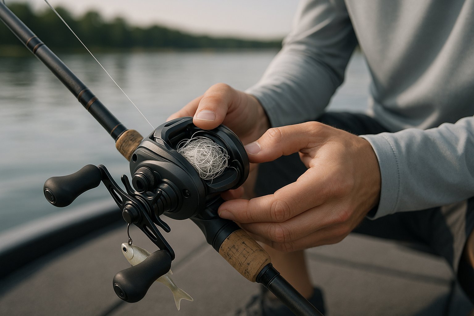 Close-up of a baitcaster reel with tangled fishing line on a boat deck.