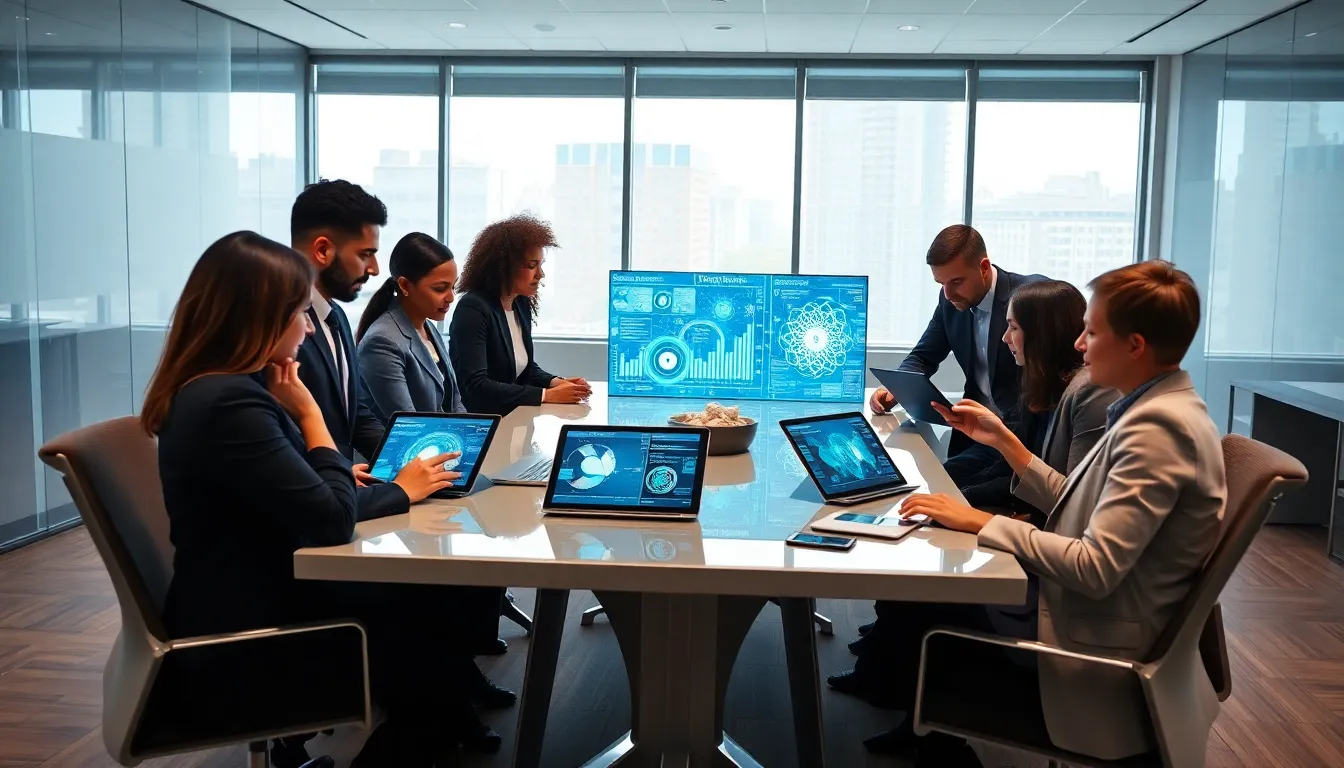diverse professionals discussing emerging technologies in a modern office.