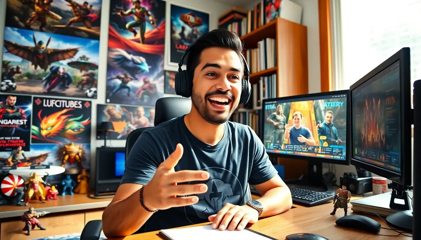 Larry in his gaming office, enthusiastically engaging with his audience.