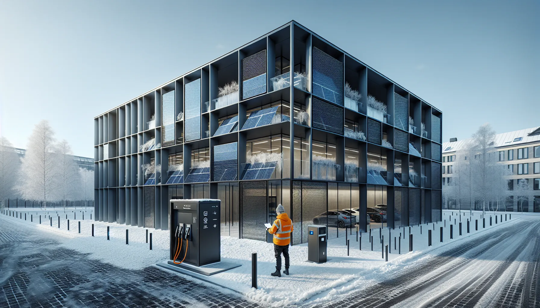 Norwegian office with bipv facade in winter, engineer inspecting solar system.