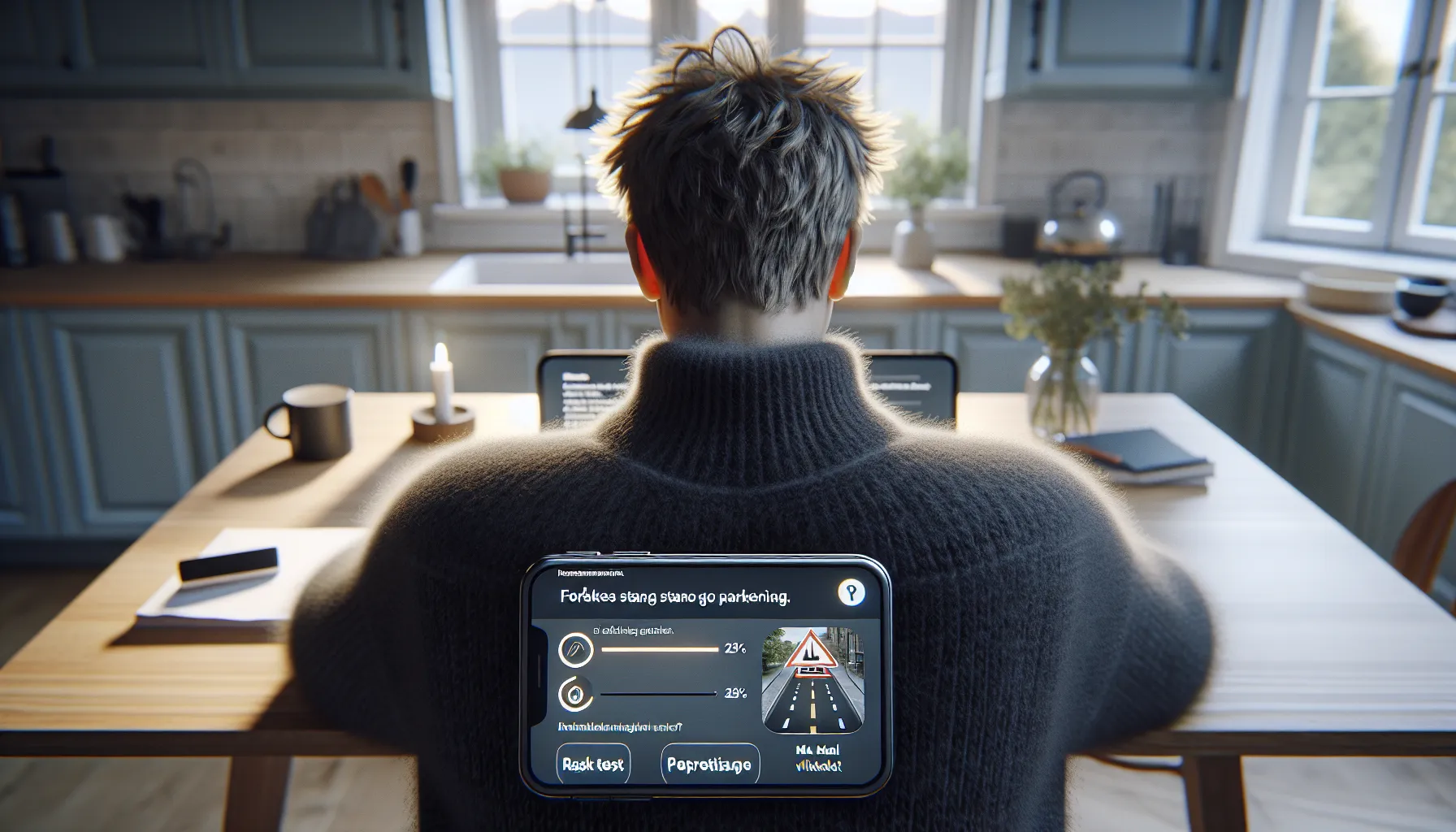 Young norwegian studying a theory-test app showing local traffic signs and stats.