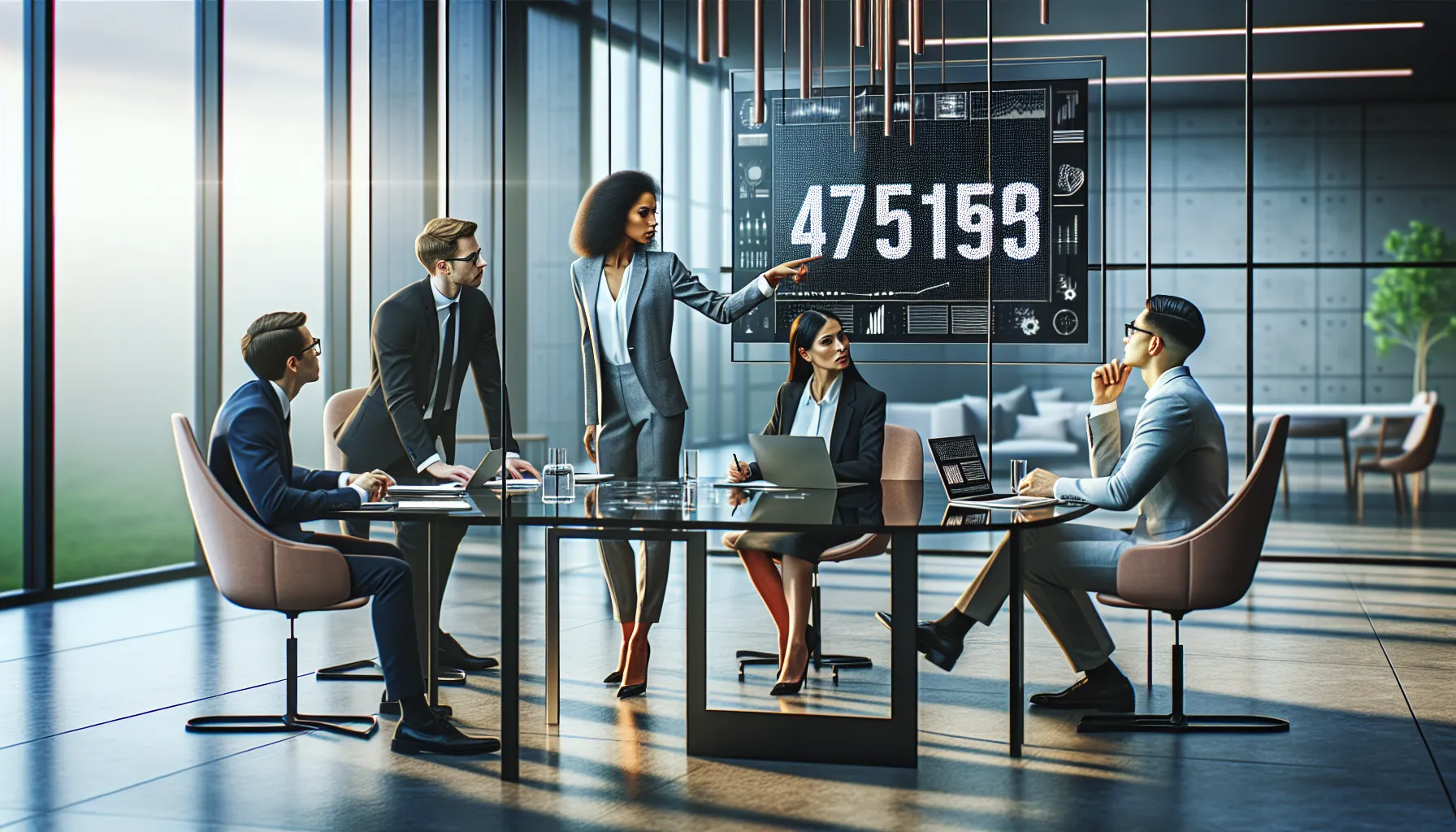 diverse professionals collaborating over a digital display in a modern office.