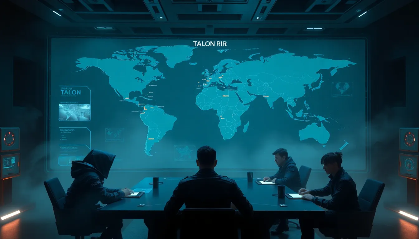 Talon members strategizing in a high-tech command center.