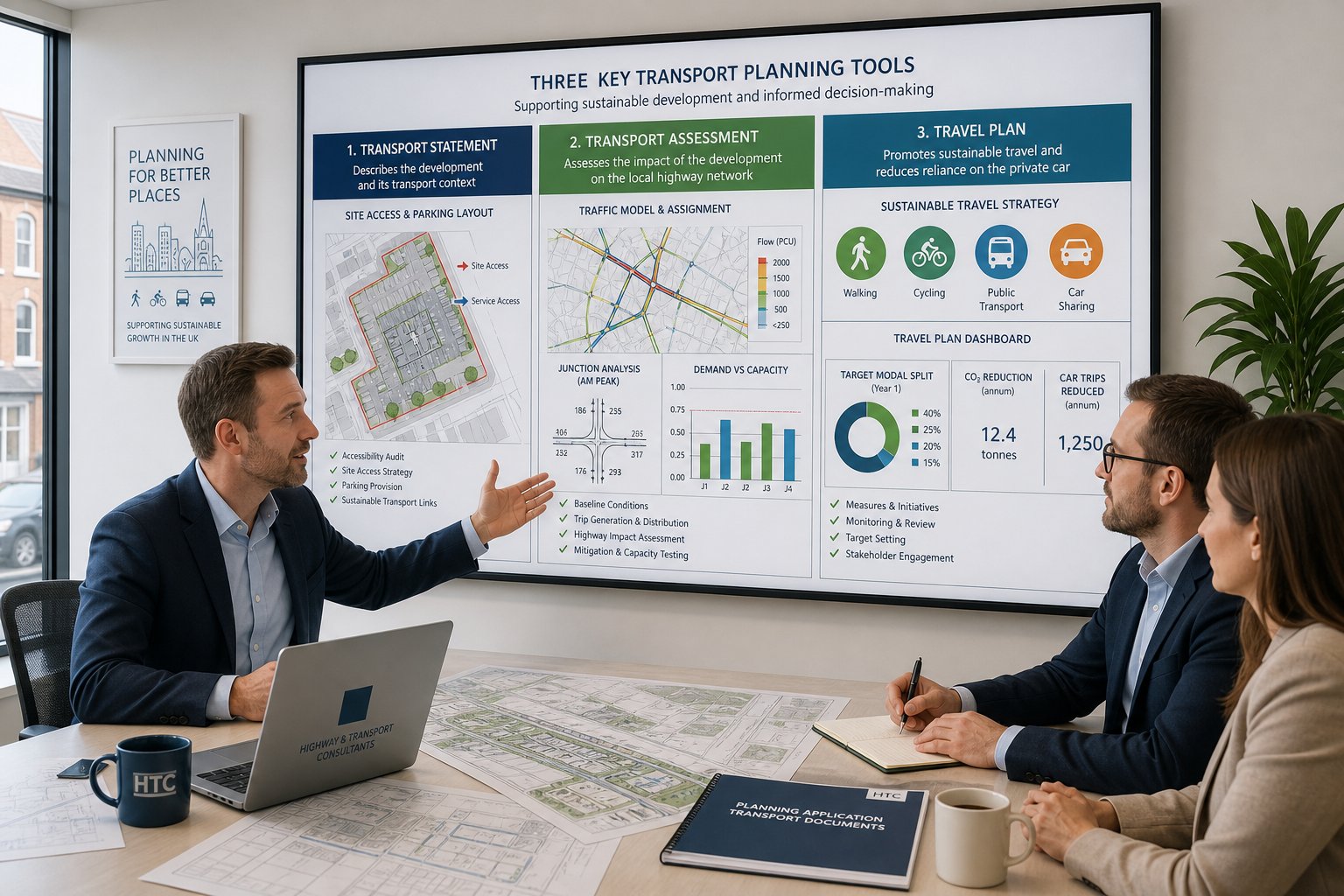 Consultants comparing transport statement, transport assessment, and travel plan in a UK office.
