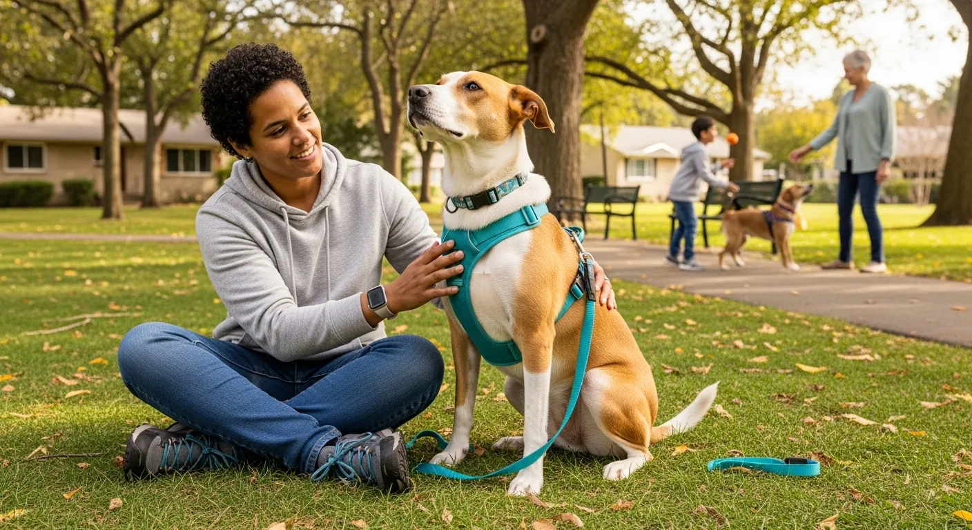 Calm, attentive dog sitting beside relaxed owner in a peaceful suburban park.