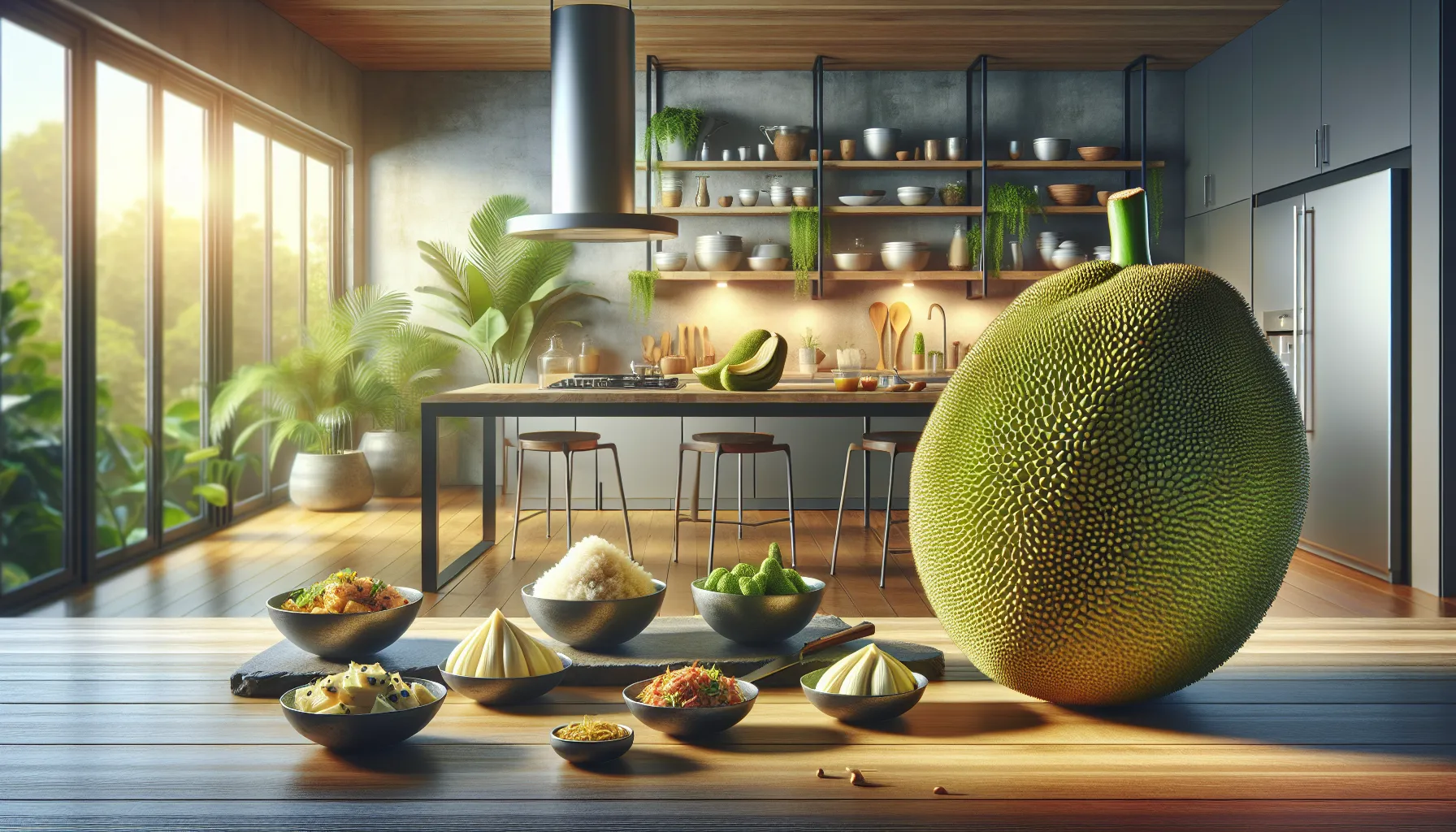 fresh jackfruit on a wooden table with prepared dishes in a modern kitchen.