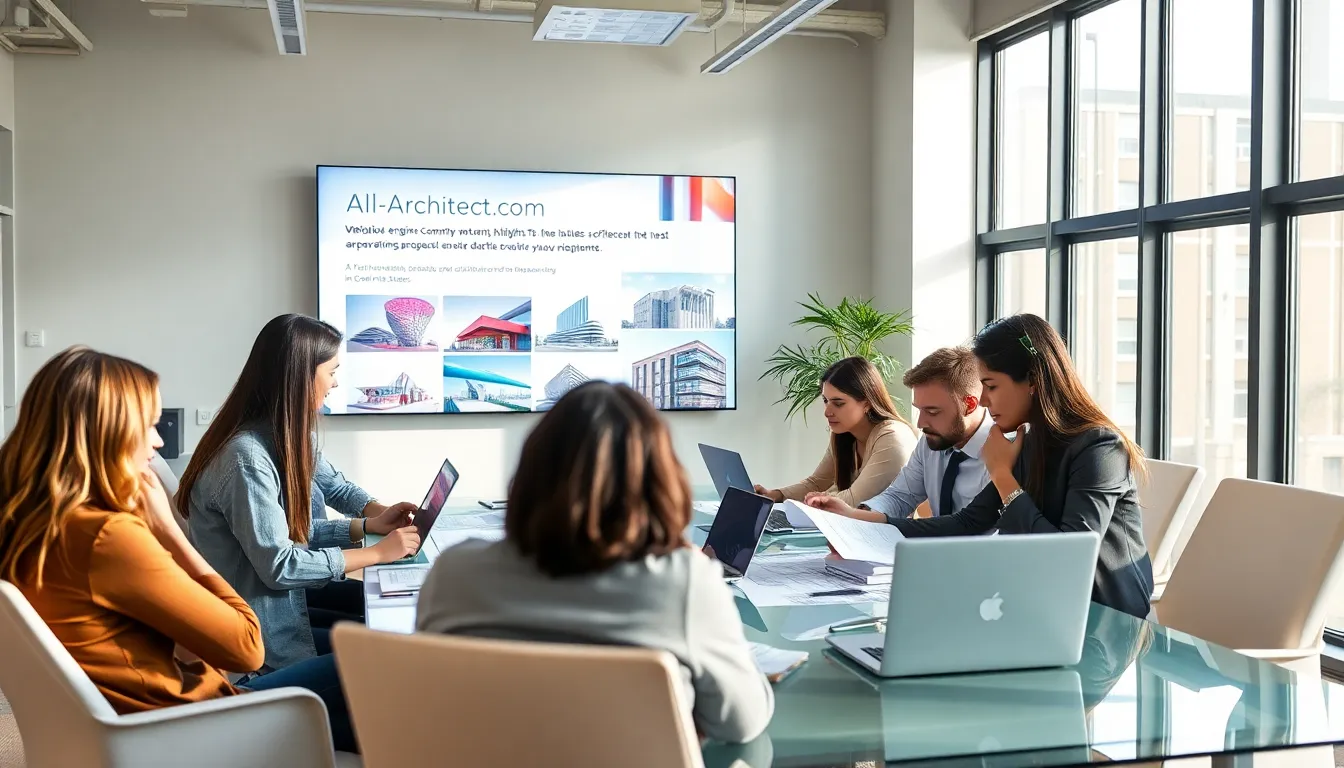 diverse team collaborating on architectural designs in a modern office.