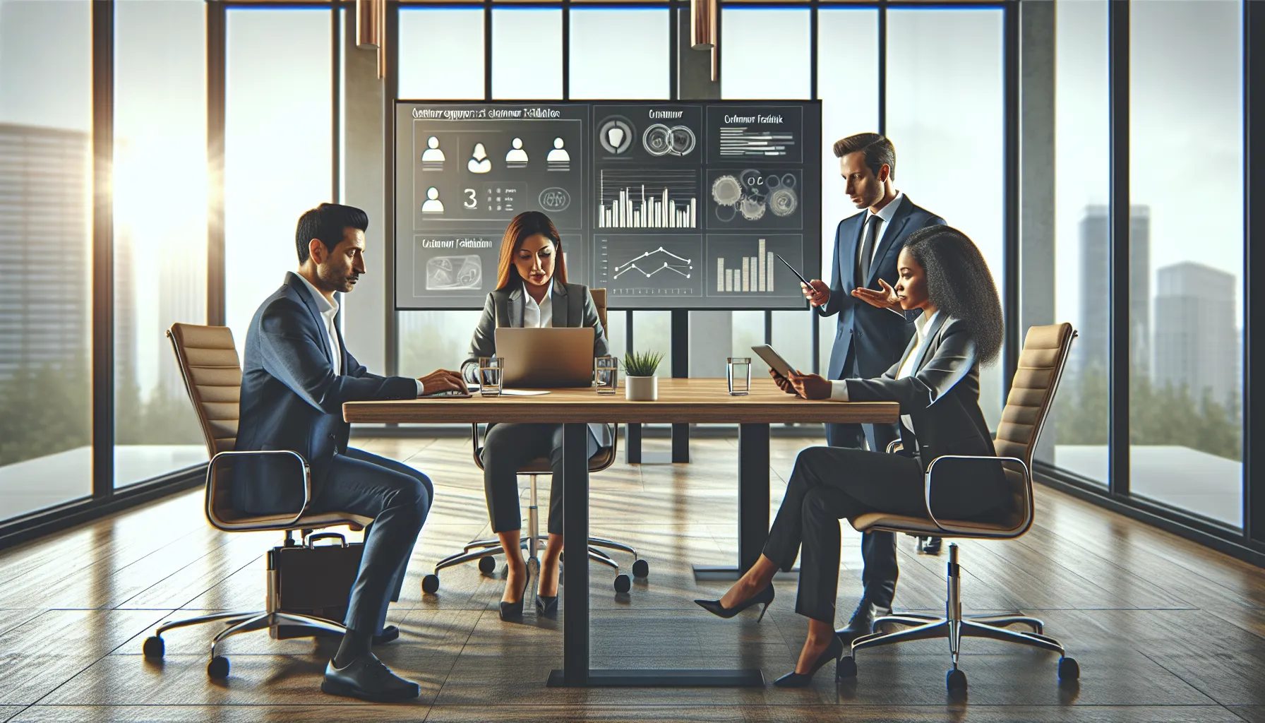professionals discussing customer service strategies in a modern office.