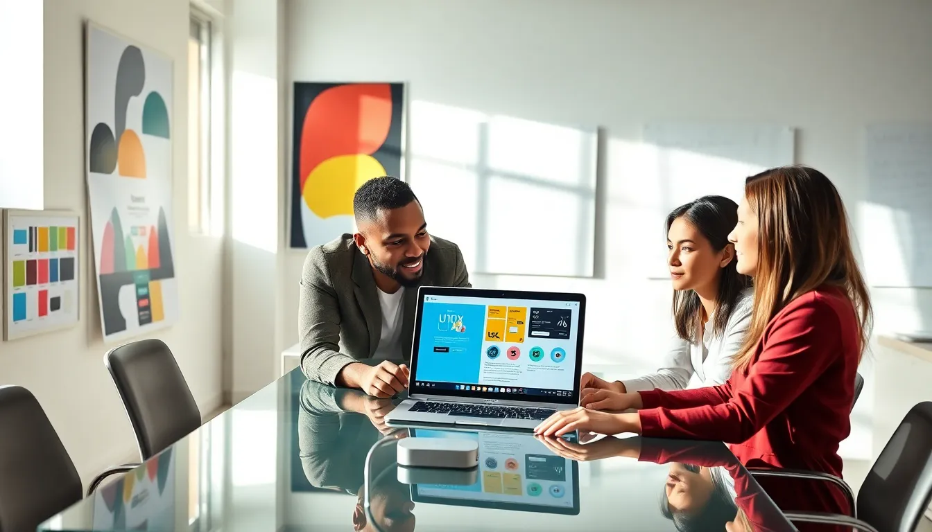diverse team collaborating in a modern web design workspace.