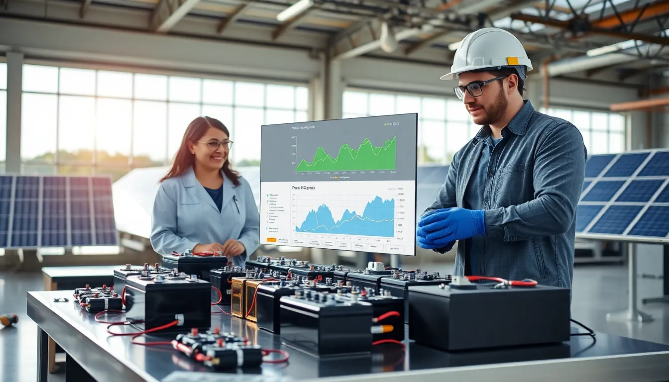 engineers discussing power storage systems in a modern industrial facility.