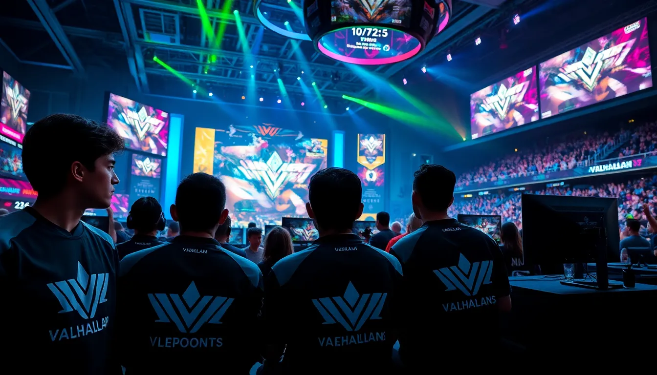 diverse esports team competing at a lively tournament.